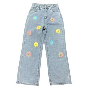 Colorful Floral Daisy Y2K Boho Wide Leg Jeans